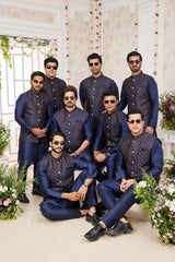 Navy Blue Art Silk Embroidered 3 Pcs Jacket Set