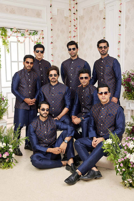 Navy Blue Art Silk Embroidered Nehru Jacket