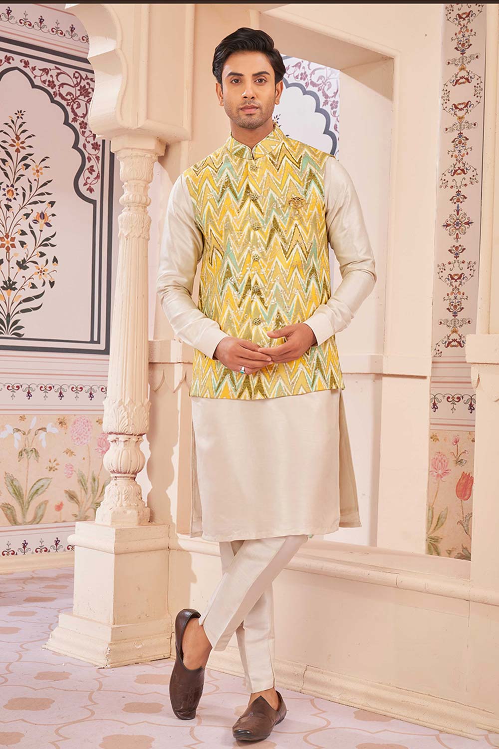 Yellow Jacquard Embroidered Jacket Set