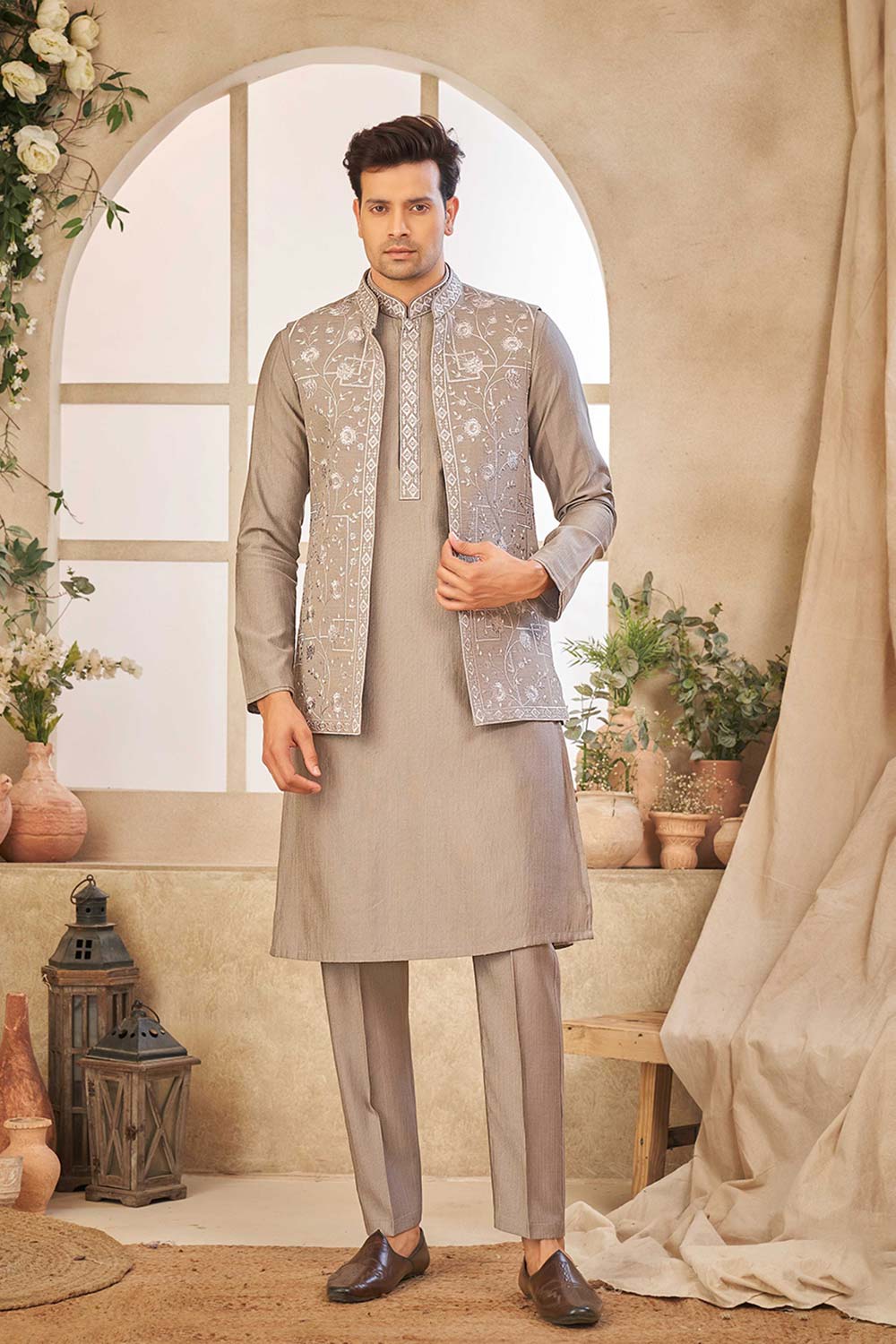 Grey Art Silk Embroidered Jacket Set