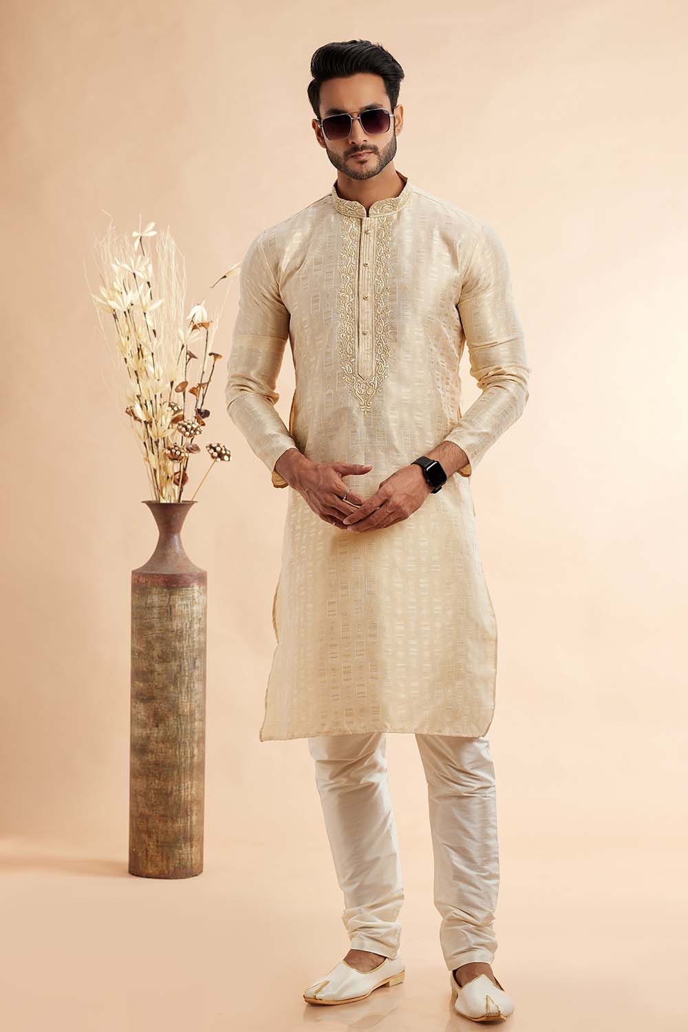 Men's Beige Jacquard Embroidered Kurta Pajama Set