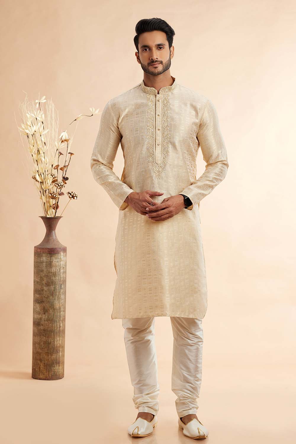 Men's Beige Jacquard Embroidered Kurta Pajama Set