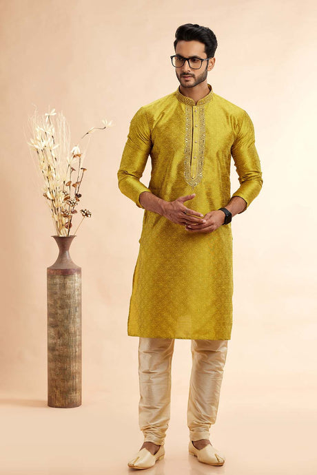 Men's Yellow Jacquard Embroidered Kurta Pajama Set