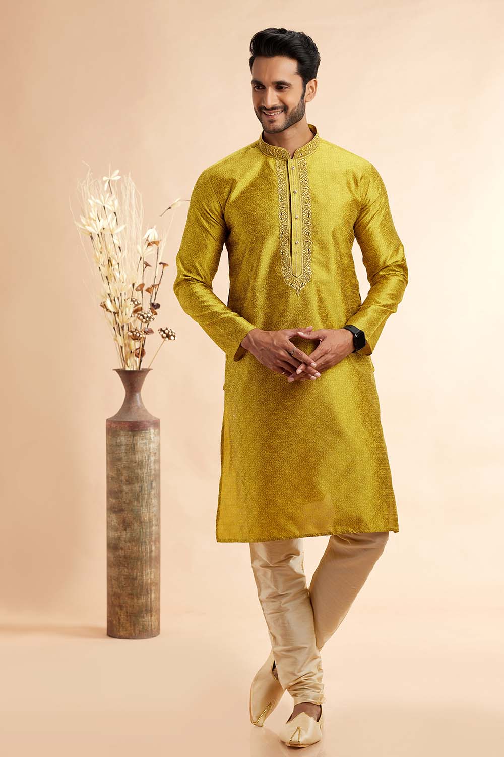 Men's Yellow Jacquard Embroidered Kurta Pajama Set