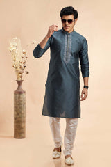 Men's Grey Jacquard Embroidered Kurta Pajama Set