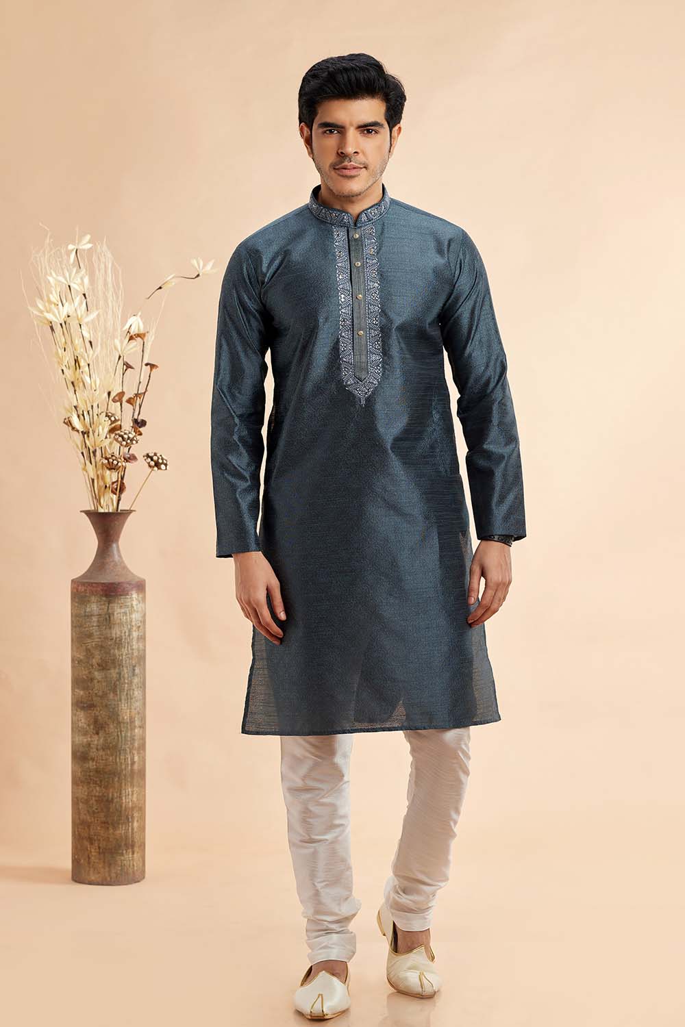 Men's Grey Jacquard Embroidered Kurta Pajama Set