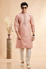 Men's Peach Jacquard Embroidered Kurta Pajama Set