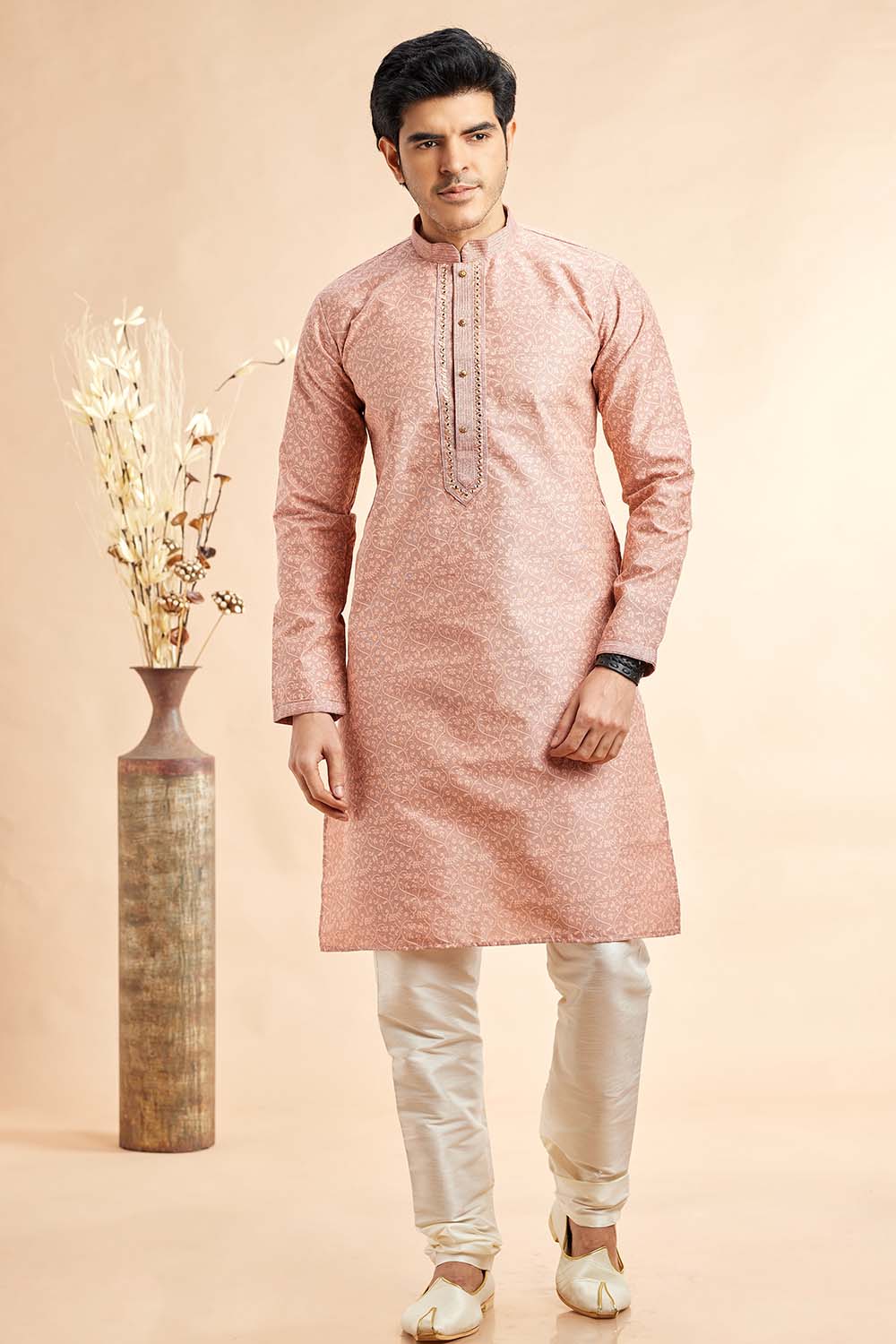 Men's Peach Jacquard Embroidered Kurta Pajama Set