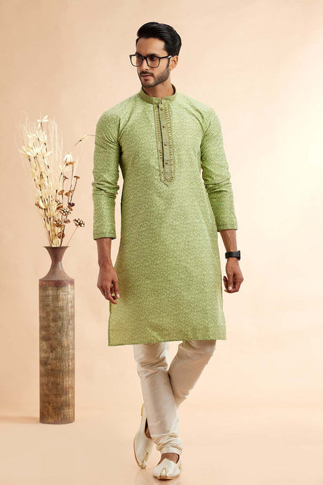 Men's Pista Green Jacquard Embroidered Kurta Pajama Set