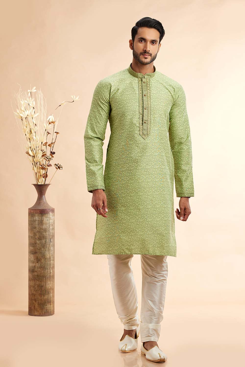 Men's Pista Green Jacquard Embroidered Kurta Pajama Set