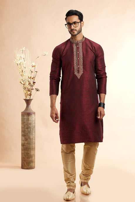 Men's Wine Jacquard Embroidered Kurta Pajama Set