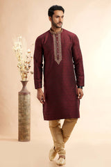 Men's Wine Jacquard Embroidered Kurta Pajama Set