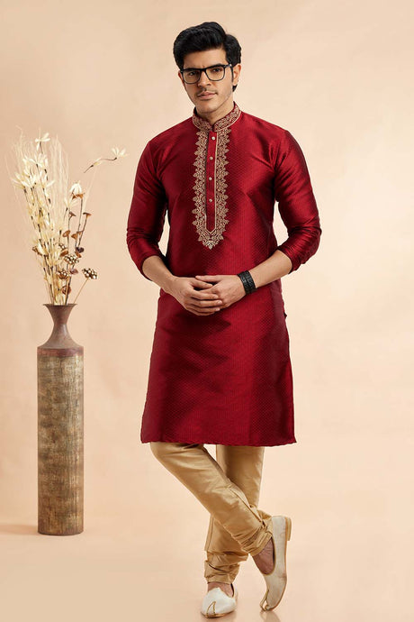 Men's Maroon Jacquard Embroidered Kurta Pajama Set