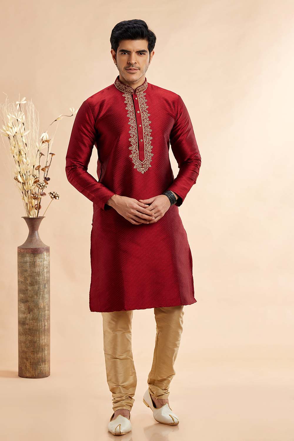 Men's Maroon Jacquard Embroidered Kurta Pajama Set