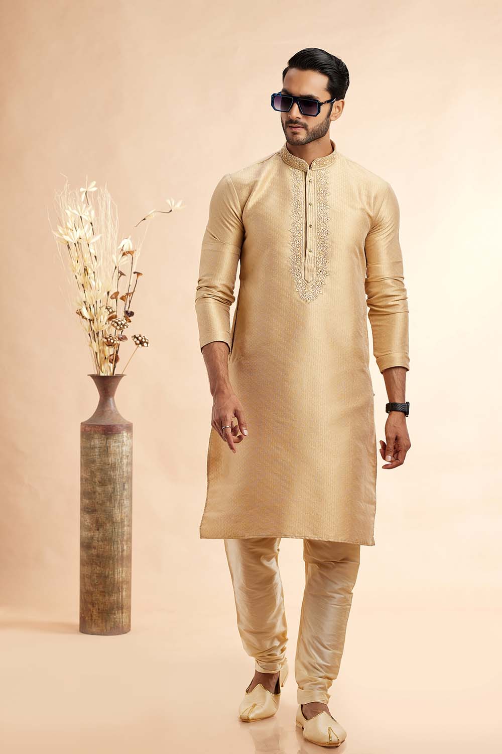 Men's Gold Jacquard Embroidered Kurta Pajama Set