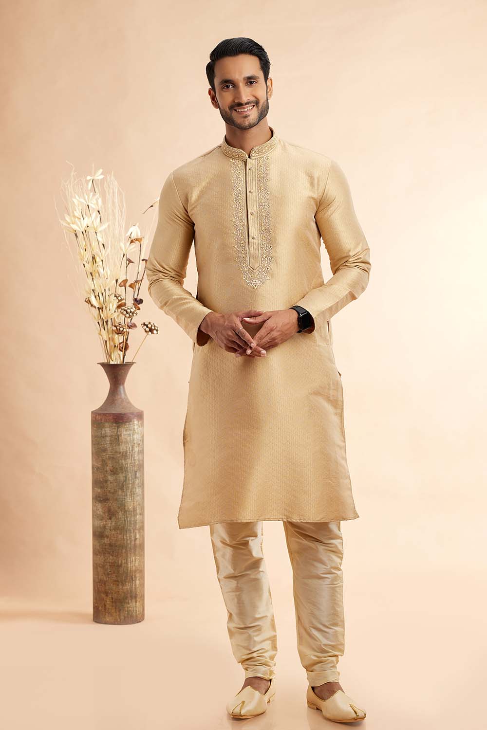 Men's Gold Jacquard Embroidered Kurta Pajama Set