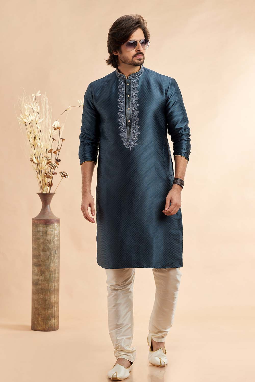 Men's Dark Grey Jacquard Embroidered Kurta Pajama Set