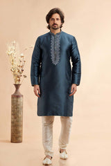 Men's Dark Grey Jacquard Embroidered Kurta Pajama Set