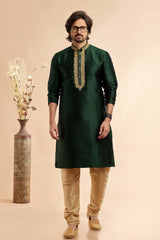 Men's Green Jacquard Embroidered Kurta Pajama Set