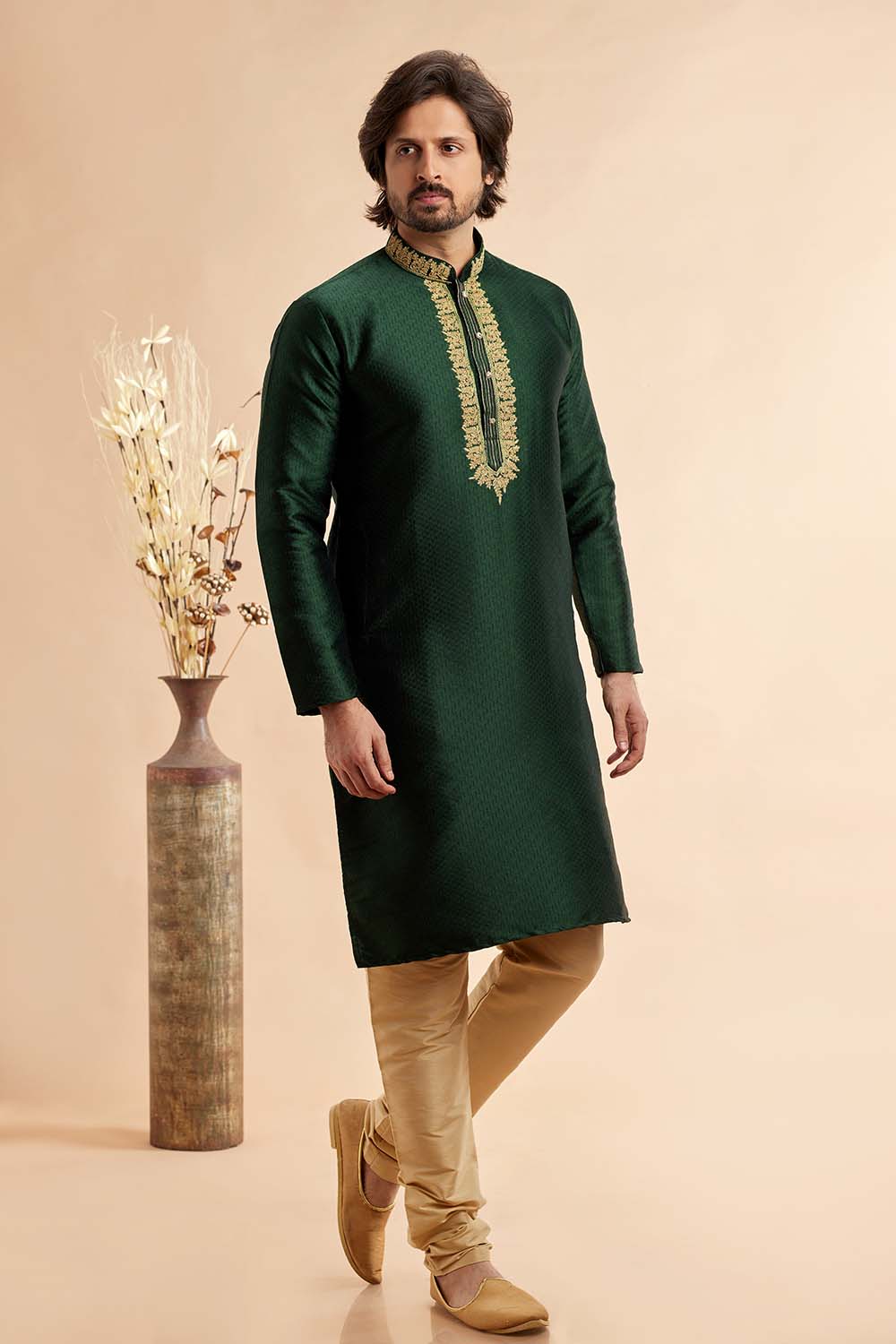 Men's Green Jacquard Embroidered Kurta Pajama Set