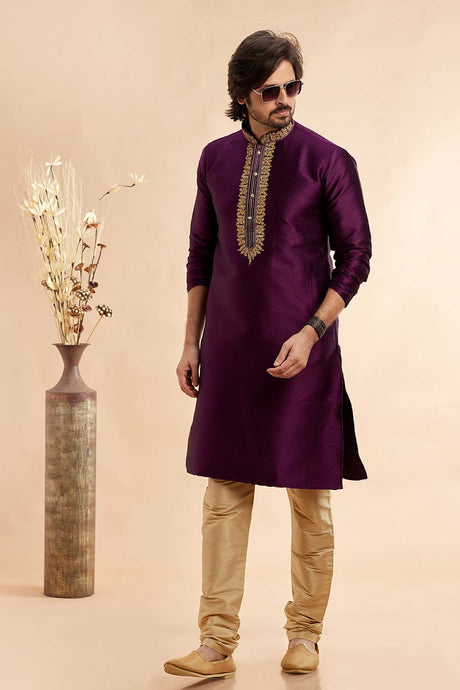 Men's Magenta Jacquard Embroidered Kurta Pajama Set