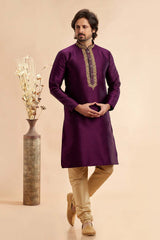 Men's Magenta Jacquard Embroidered Kurta Pajama Set