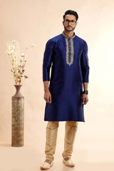 Men's Navy Blue Jacquard Embroidered Kurta Pajama Set