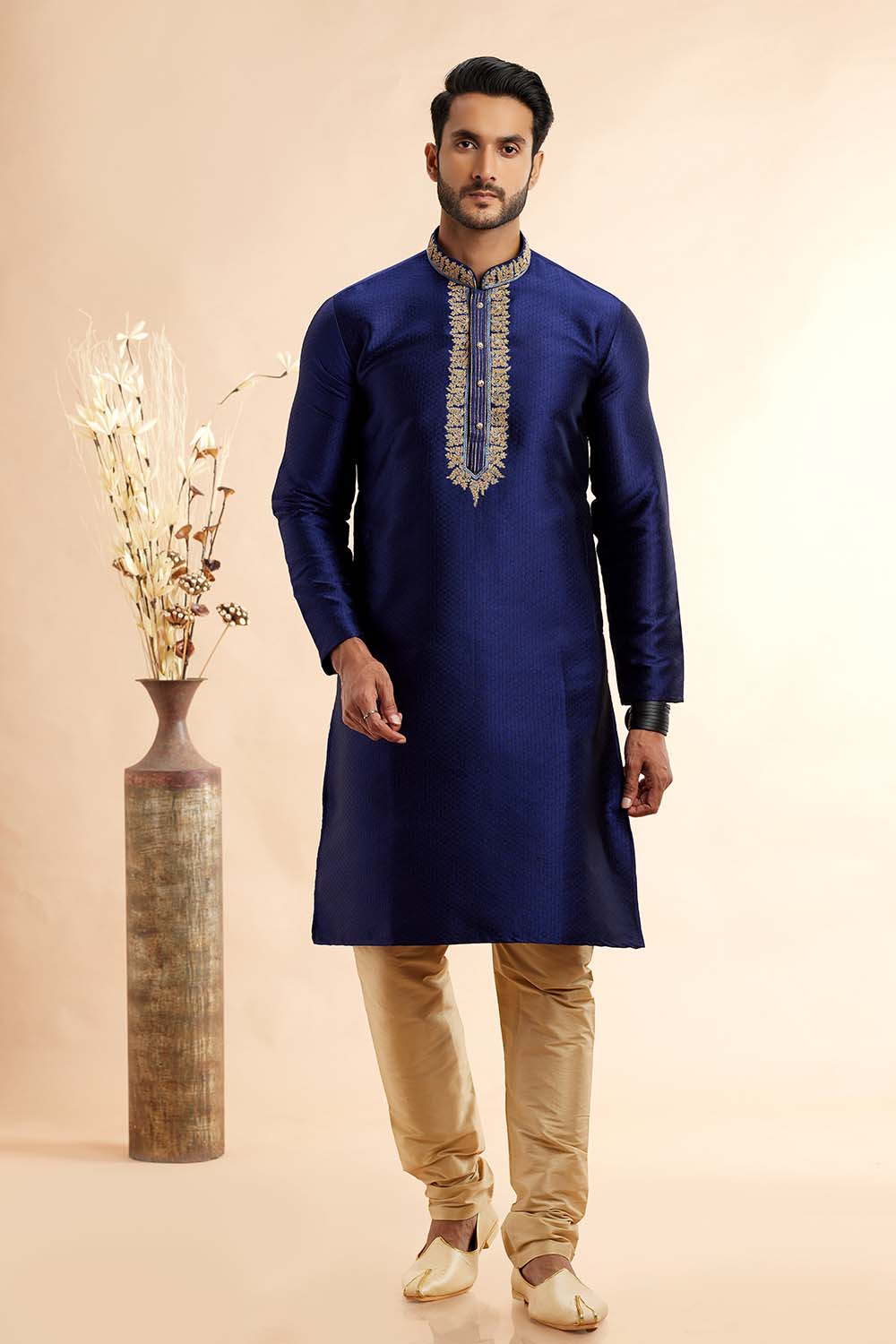 Men's Navy Blue Jacquard Embroidered Kurta Pajama Set