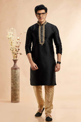 Men's Black Jacquard Embroidered Kurta Pajama Set