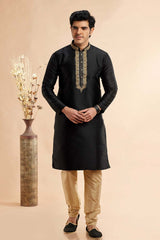 Men's Black Jacquard Embroidered Kurta Pajama Set