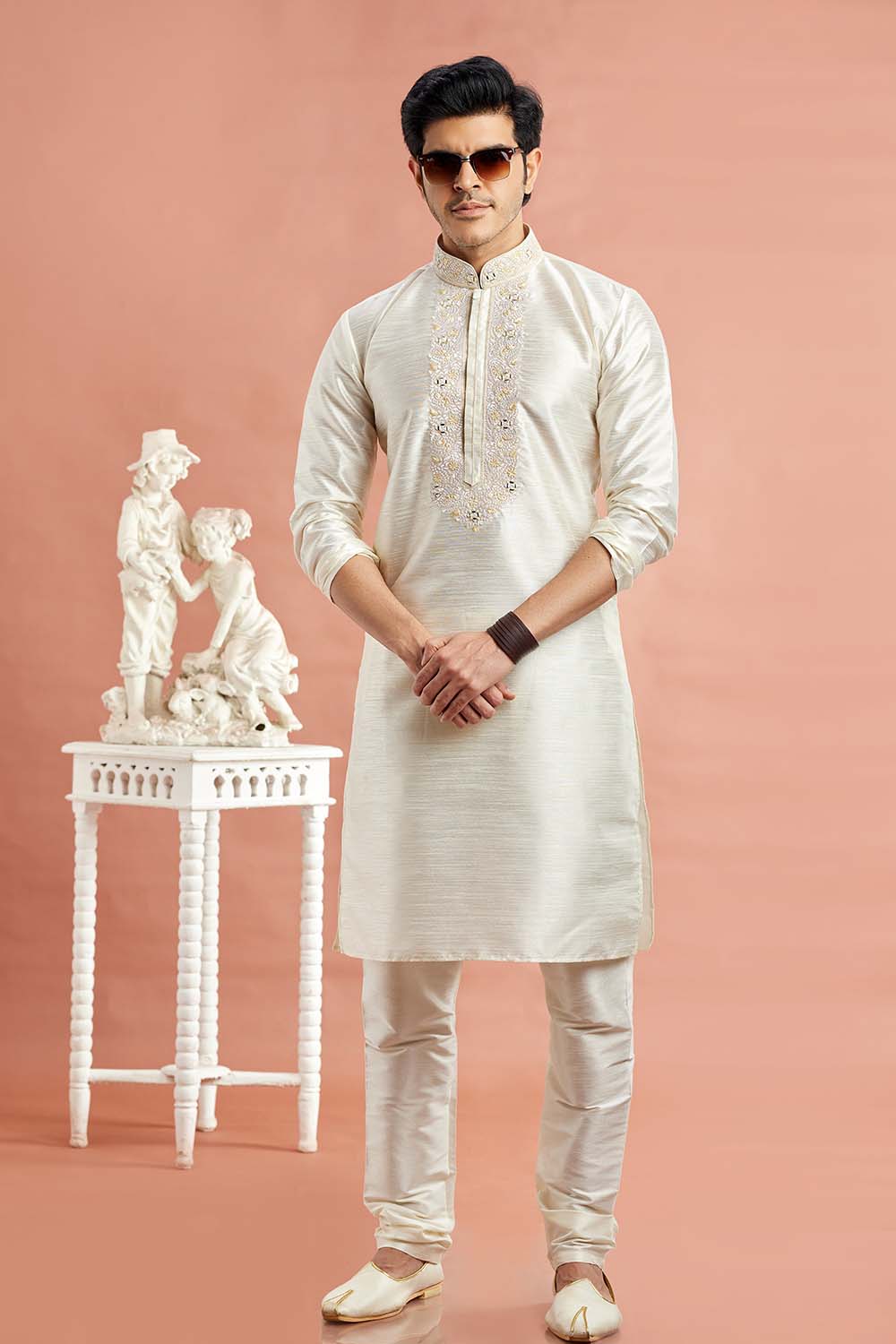 Men's Cream Art Silk Embroidered Kurta Pajama Set