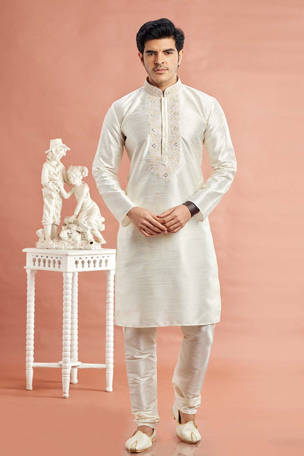 Men's Cream Art Silk Embroidered Kurta Pajama Set