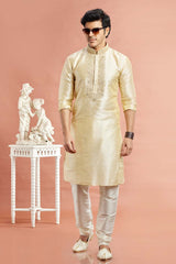 Men's Beige Art Silk Embroidered Kurta Pajama Set