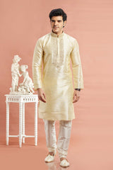 Men's Beige Art Silk Embroidered Kurta Pajama Set