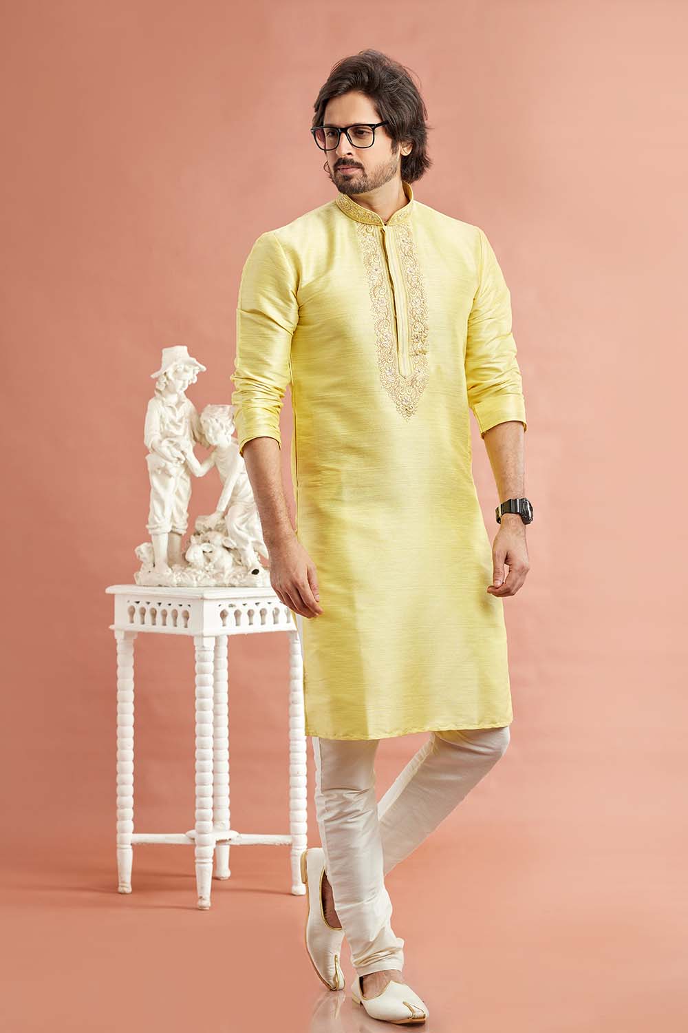 Men's Yellow Art Silk Embroidered Kurta Pajama Set