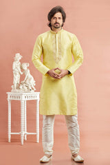 Men's Yellow Art Silk Embroidered Kurta Pajama Set