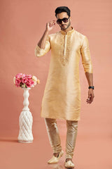 Men's Gold Art Silk Embroidered Kurta Pajama Set