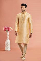 Men's Gold Art Silk Embroidered Kurta Pajama Set