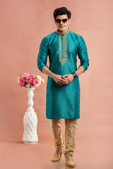 Men's Teal Art Silk Embroidered Kurta Pajama Set