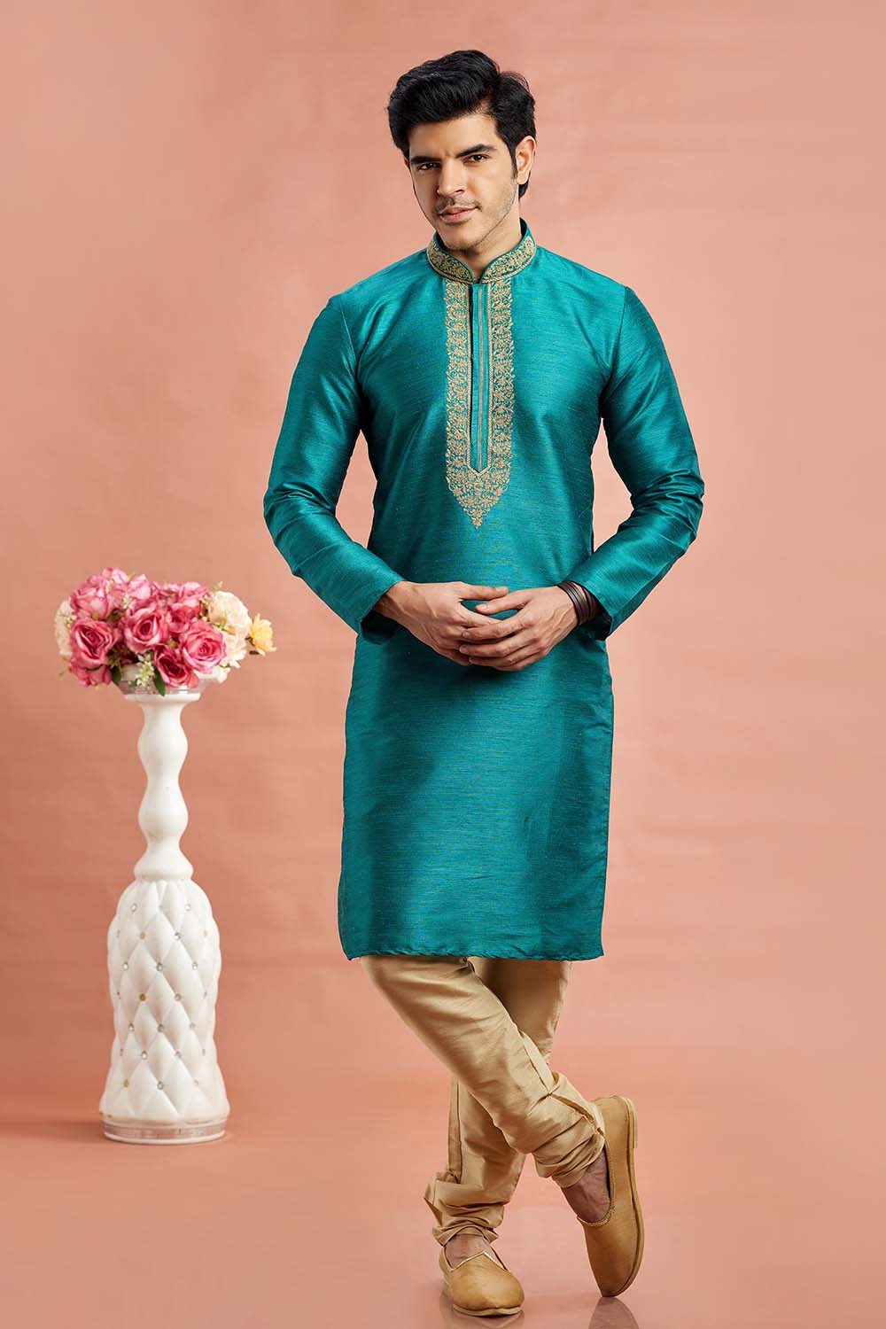 Men's Teal Art Silk Embroidered Kurta Pajama Set