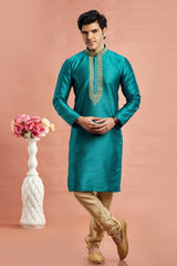 Men's Teal Art Silk Embroidered Kurta Pajama Set