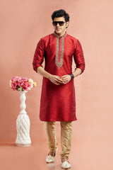 Men's Maroon Art Silk Embroidered Kurta Pajama Set