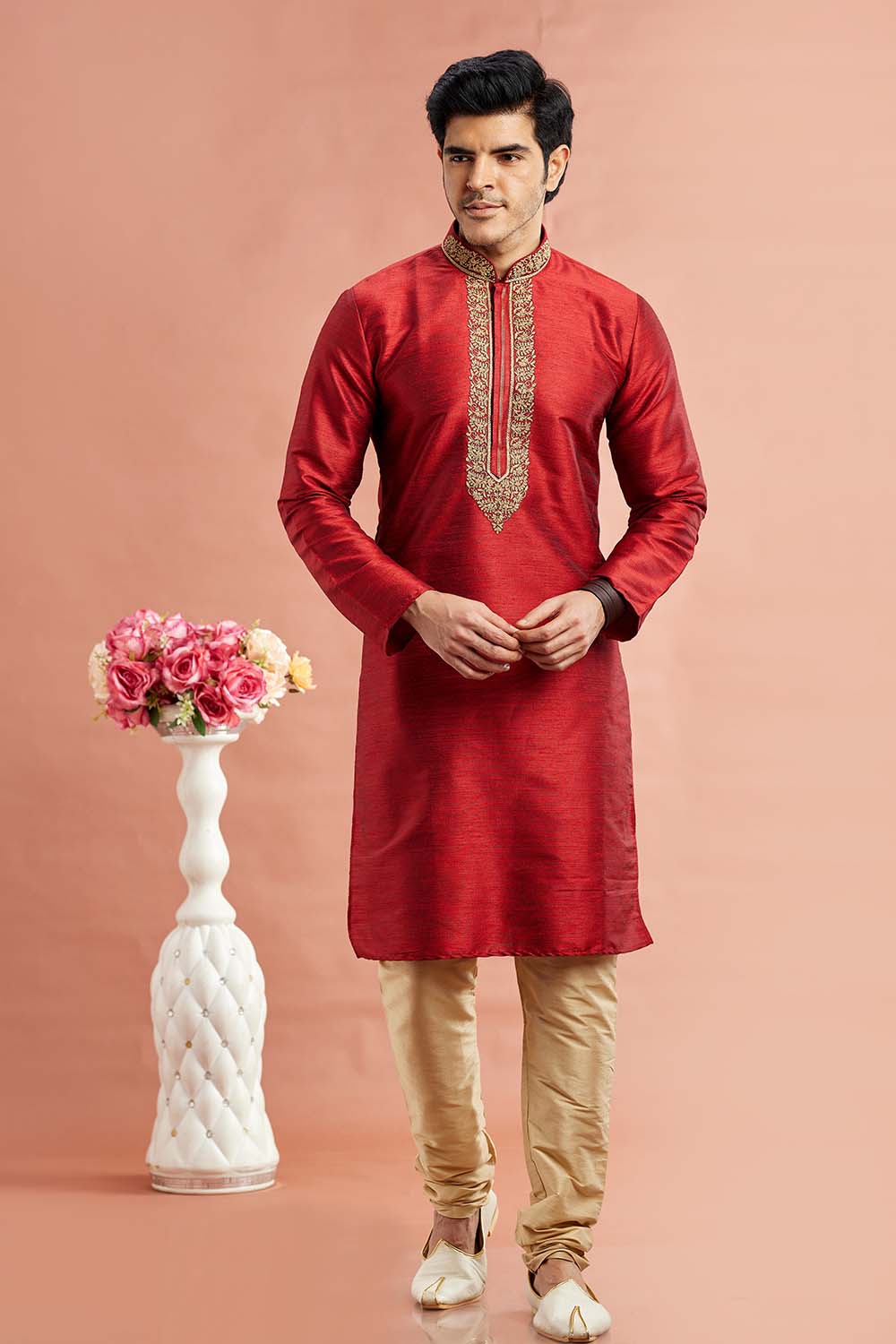 Men's Maroon Art Silk Embroidered Kurta Pajama Set