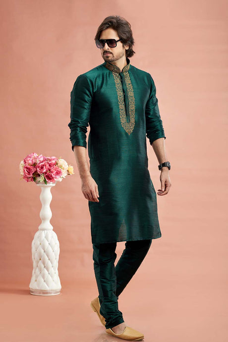 Men's Green Art Silk Embroidered Kurta Pajama Set