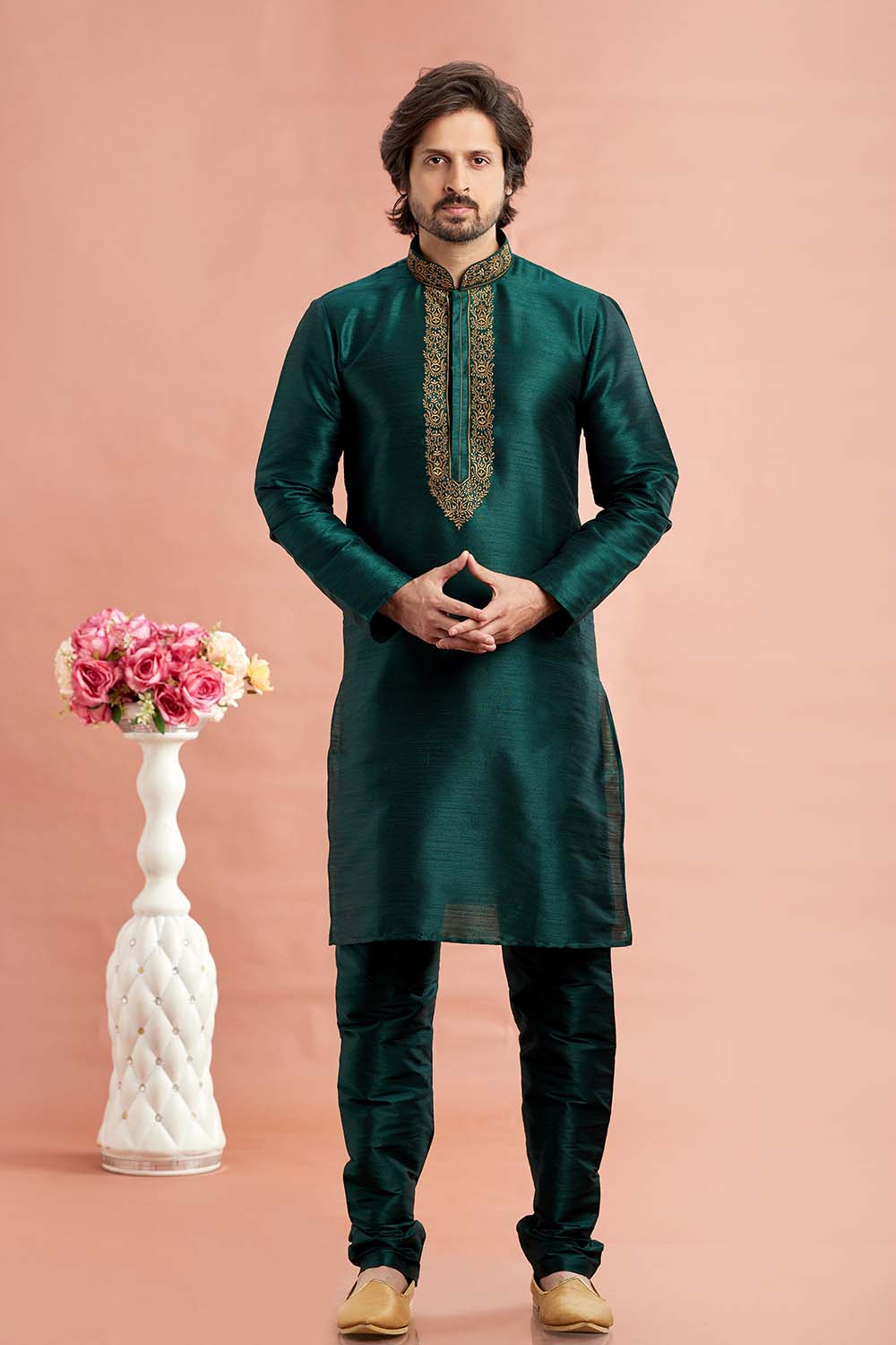 Men's Green Art Silk Embroidered Kurta Pajama Set