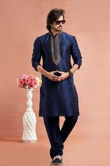 Men's Navy Blue Art Silk Embroidered Kurta Pajama Set