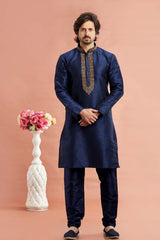 Men's Navy Blue Art Silk Embroidered Kurta Pajama Set