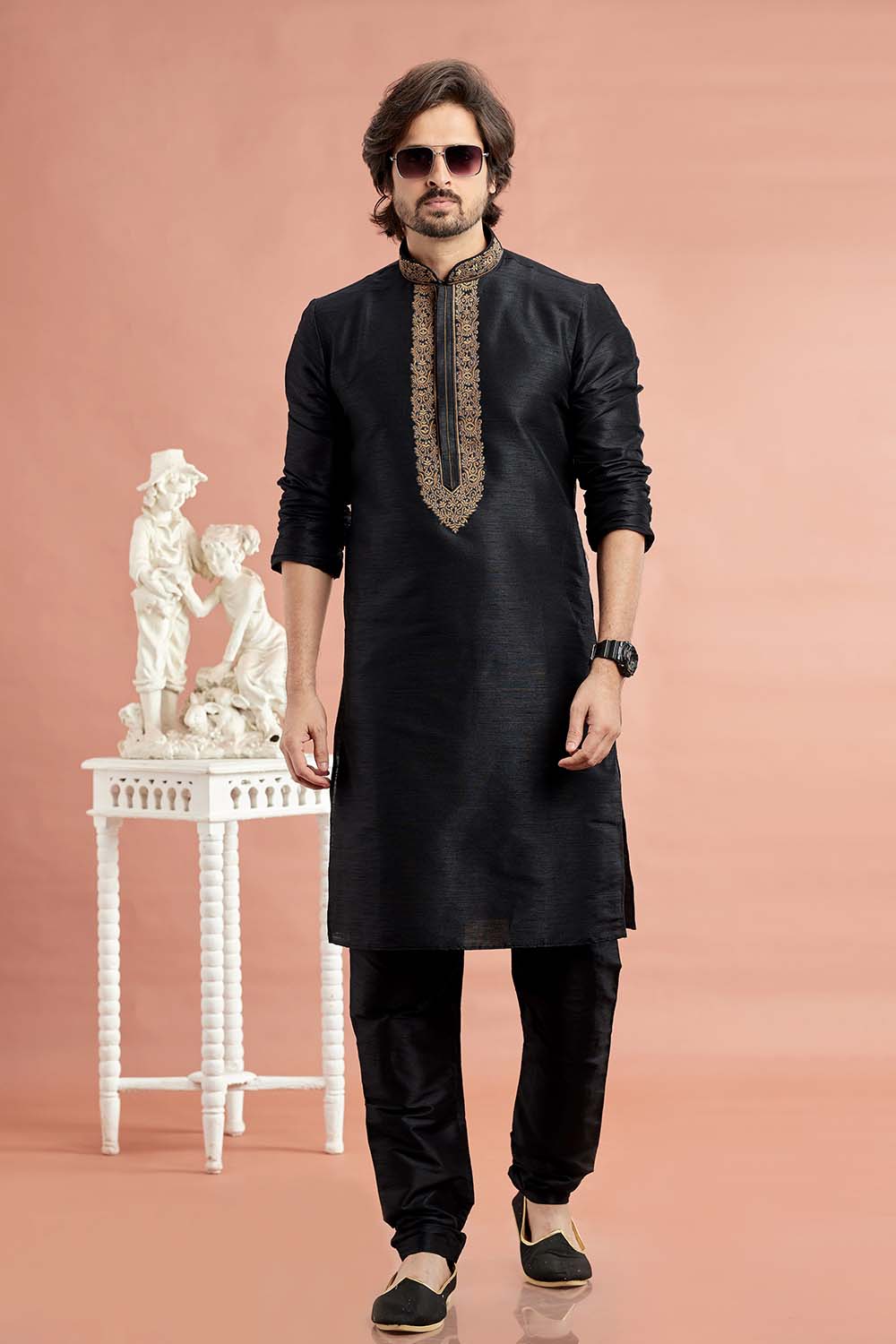 Men's Black Art Silk Embroidered Kurta Pajama Set