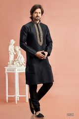 Men's Black Art Silk Embroidered Kurta Pajama Set