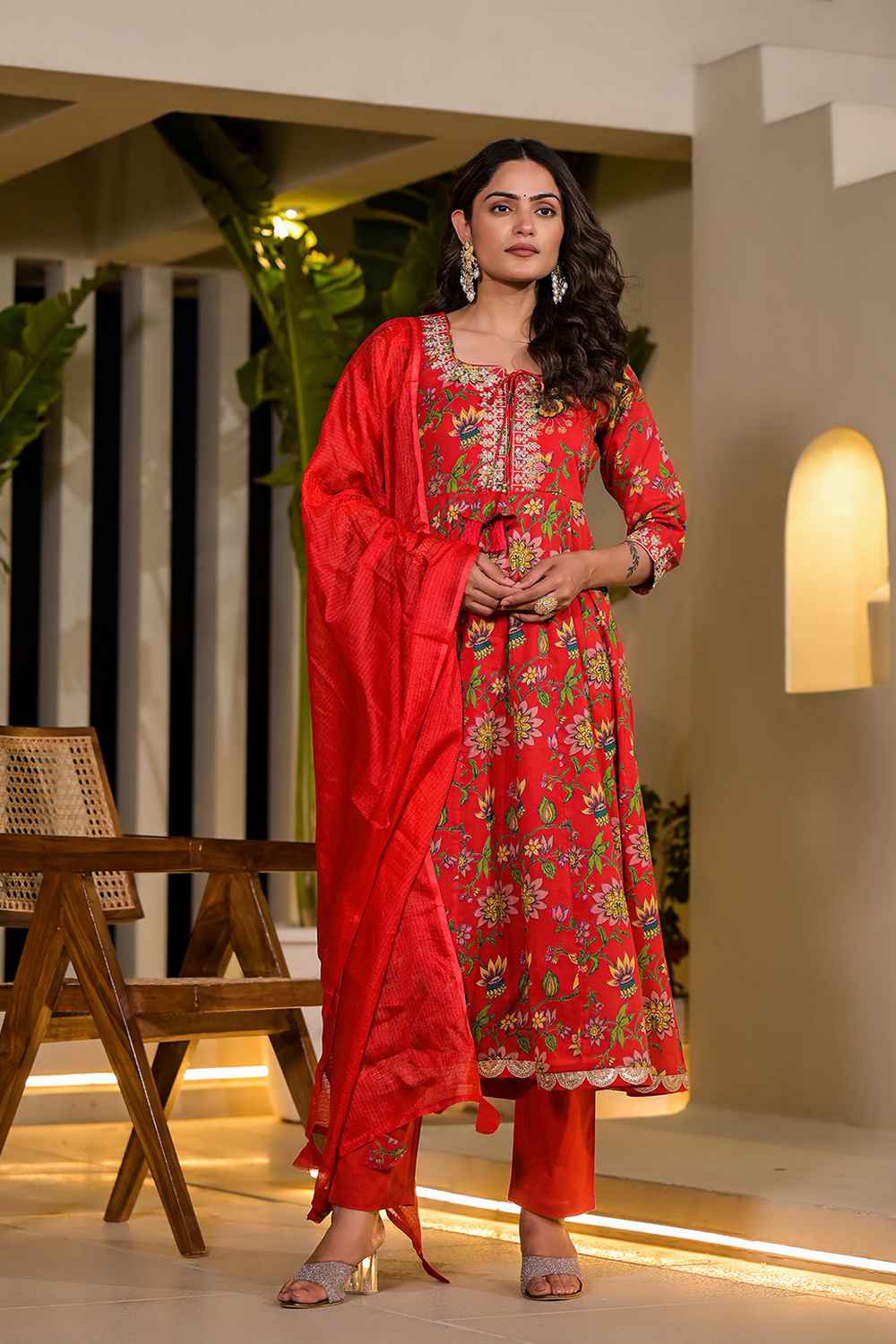 Red Floral Print Embroidered Cotton Kurta Set